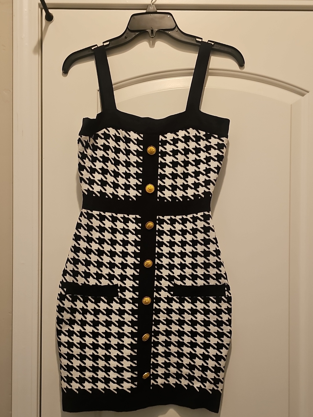 Black & White Houndstooth Mini Dress with Gold Buttons